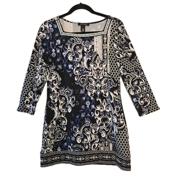 White House Black Market Dresses & Skirts - White House Black Market Blue Black Floral Dress Women's Size Small Square Neck